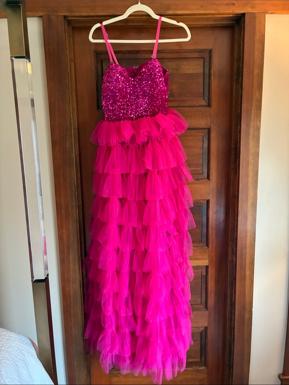 Hot Pink Sequin, Velvet & Ruffle Tulle Gown